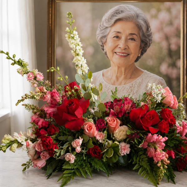 Large floral arrangement with red and pink roses and white spikes in a vase