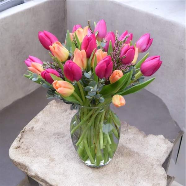 Bouquet of pink and peach tulips in a clear glass vase