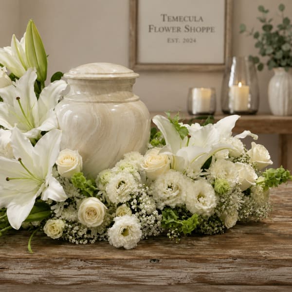White floral arrangement with lilies and roses around a cream urn