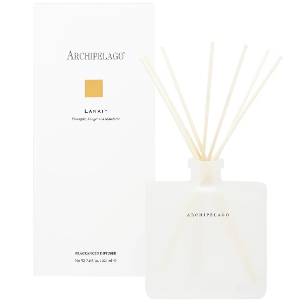 White Archipelago reed diffuser bottle with boxed packaging