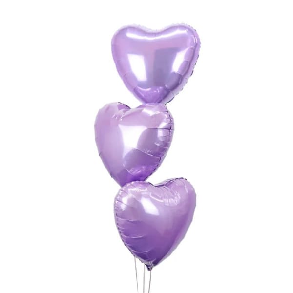 Three lavender heart-shaped balloons on a white background