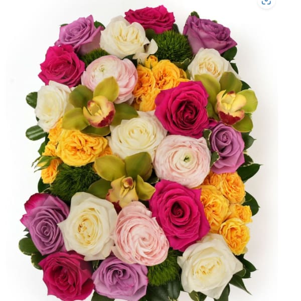 Round bouquet of multicolored roses with orchids and green accents