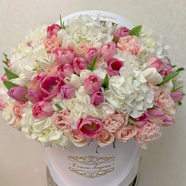 Pink and white tulips, roses, hydrangeas, and carnations in a white hatbox container.