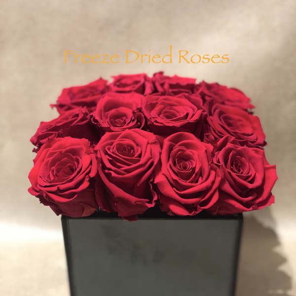 Box of red roses in a black square container