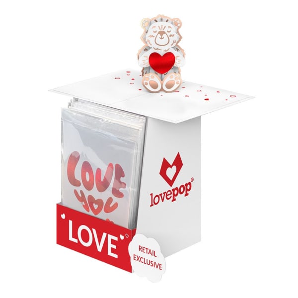 Gift box with a teddy bear holding a red heart and a love card