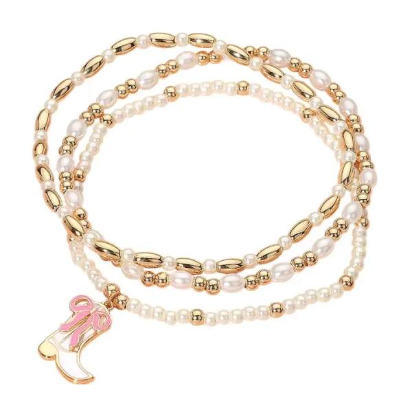 3PCS - Enamel Bow Cowboy Boot Pearl Beaded Multi Layered Bracelet