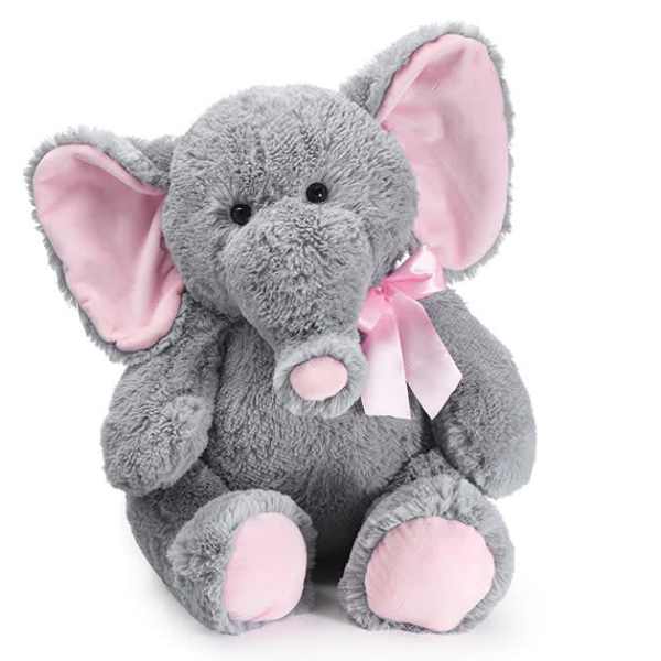 Gray plush elephant with pink ears and ribbon
