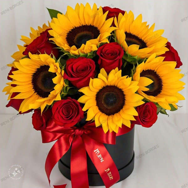 Sunflowers and red roses arranged in a black hatbox with a red ribbon