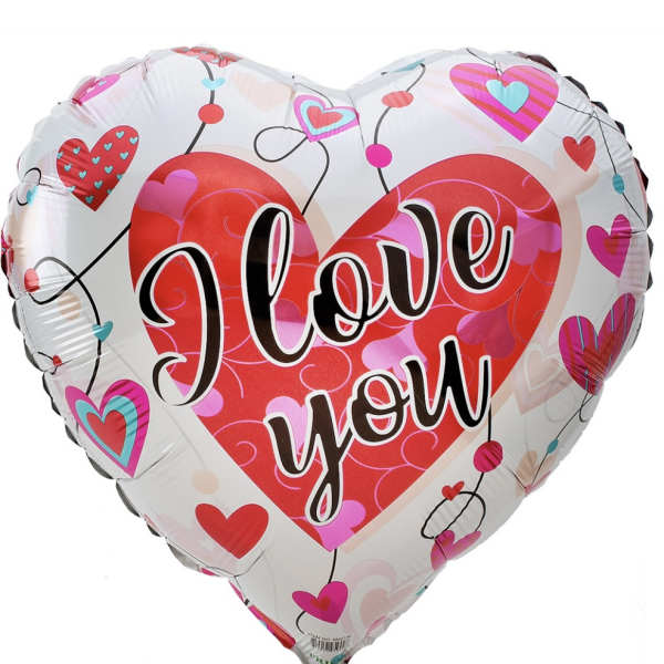 Heart-shaped balloon with "Love you" text and colorful hearts