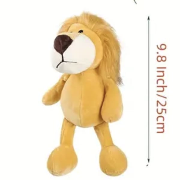 Plush lion toy standing on a white background