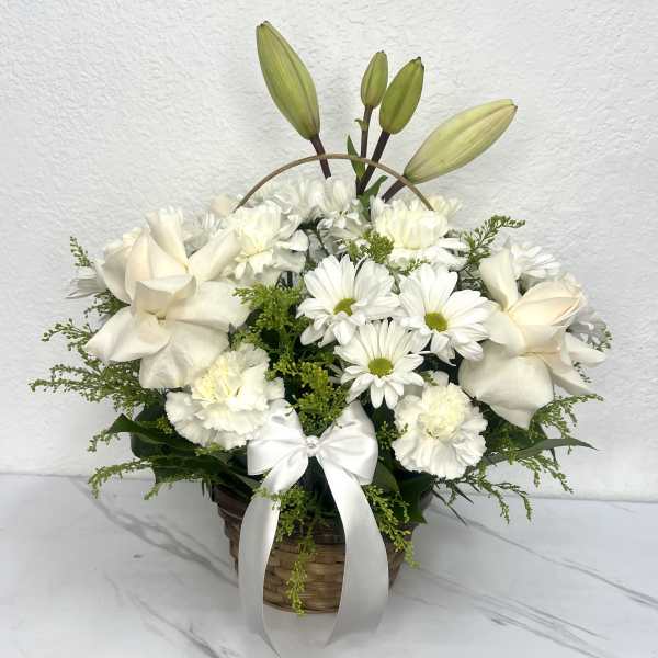 Basket With White Roses, Daisies And Carnations