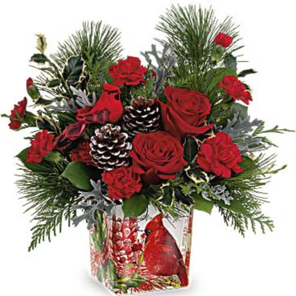 Red roses and carnations in a holiday vase with pinecones and evergreen accents