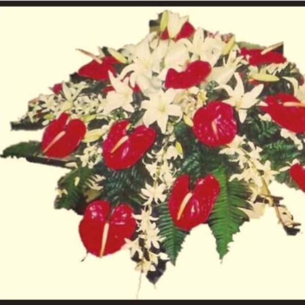 Red and white floral arrangement with broad green leaves