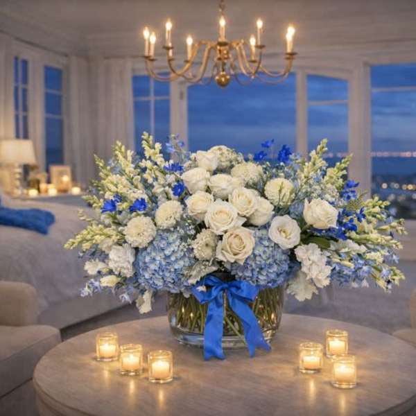 Large white and blue floral arrangement in a glass vase on a table