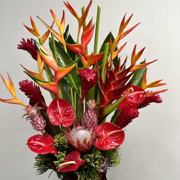 Tropical arrangement with red anthuriums and orange bird-of-paradise in a gold vase