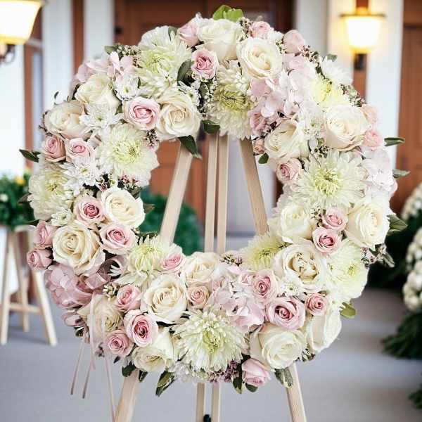 Heart-shaped floral wreath of white and pink roses on a wooden easel
