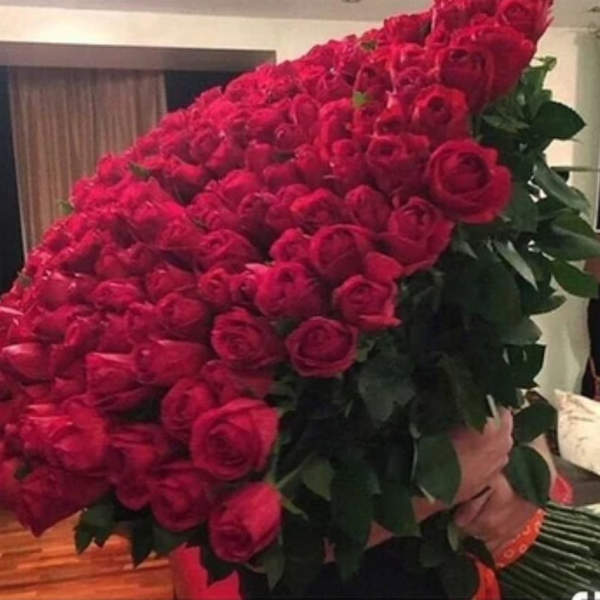 Large bouquet of red roses with dark green foliage