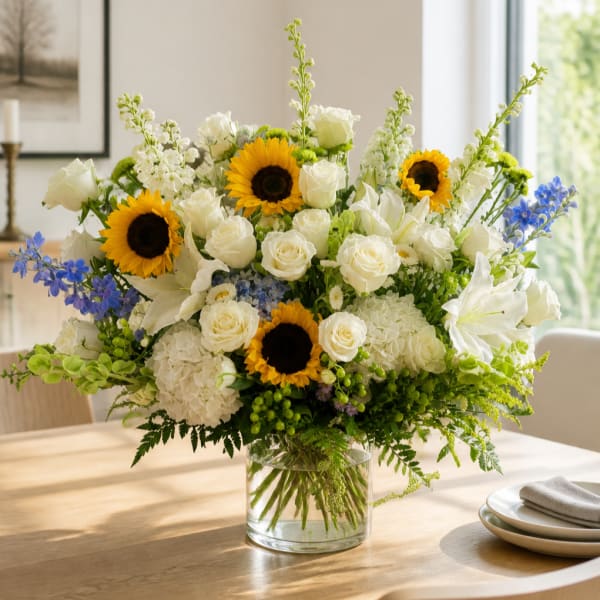 Large bouquet of white roses, sunflowers, and blue flowers in a glass vase