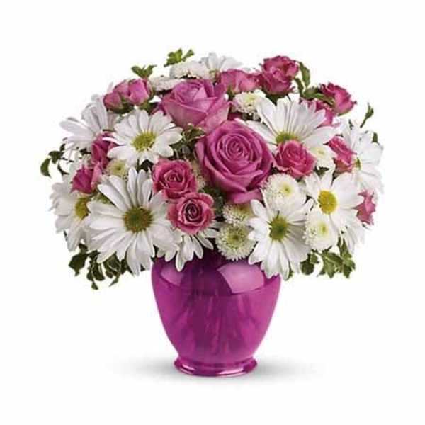 Pink roses and white daisies in a purple vase