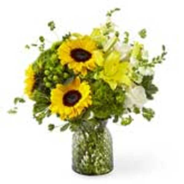 Sunflower bouquet in a glass vase with green filler