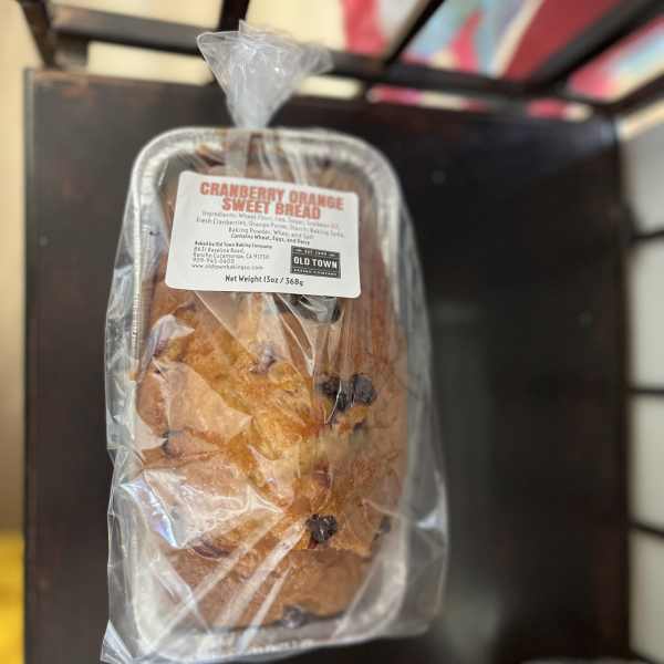 Wrapped cranberry orange sweet bread in a foil tray