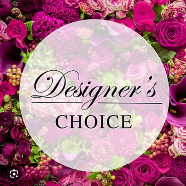 Pink and purple floral collage with a circular "Designer’s Choice" label