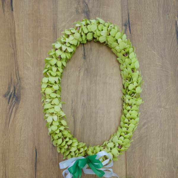 Green floral lei with white and green ribbon ties