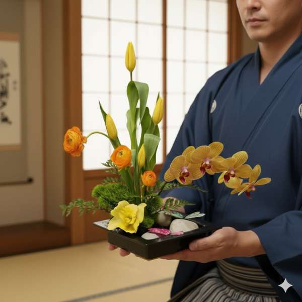 Ikebana-style floral arrangement with yellow tulips, orange ranunculus, and orchids in a black tray
