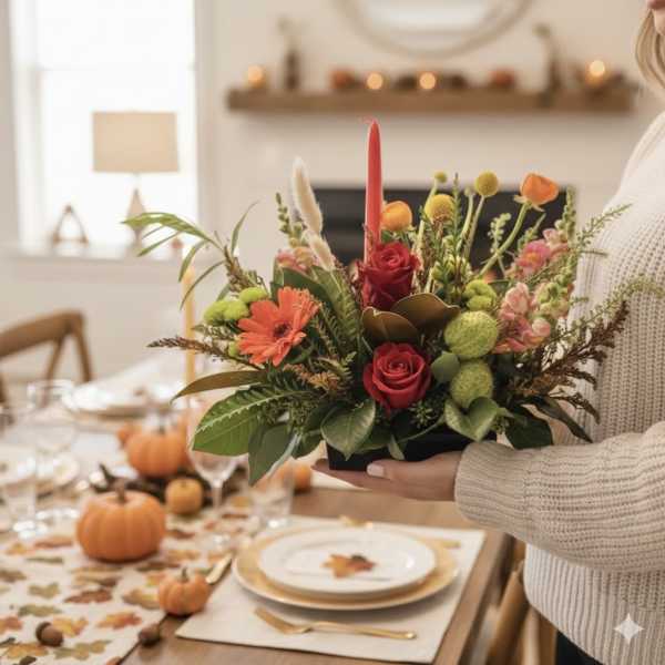 Autumn floral centerpiece with red roses and orange blooms in a low container