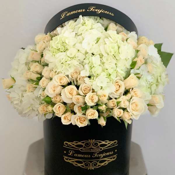 Round black hatbox filled with cream roses and white hydrangeas with gold L'amour Toujours lettering