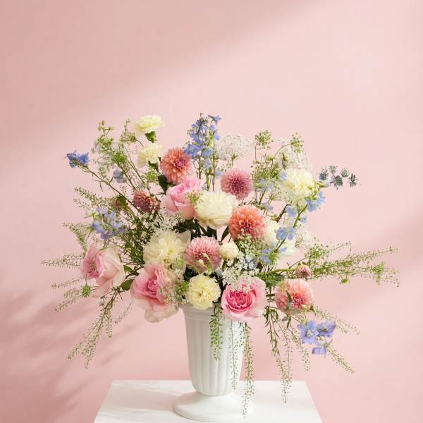 Pastel mixed flower arrangement in a white vase on a pedestal