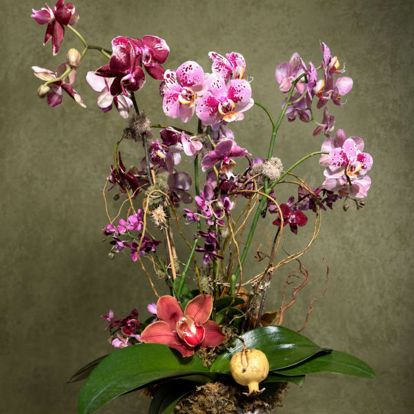 Tall orchid arrangement in a white pedestal vase with pink and purple blooms