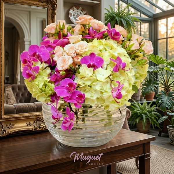 Pink orchids and pale hydrangeas arranged in a clear glass bowl