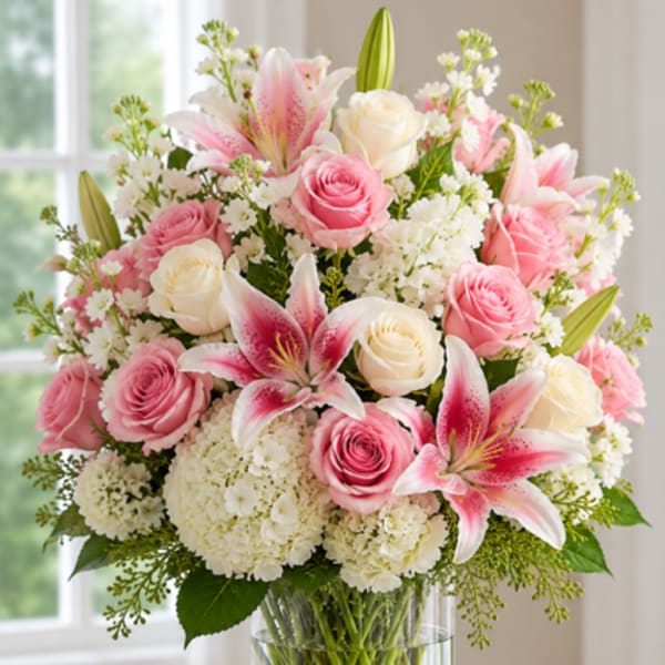 Pink roses and lilies arranged in a clear glass vase