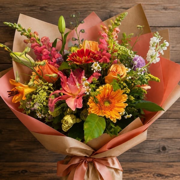 Mixed bouquet of orange, pink, and white flowers wrapped in brown paper