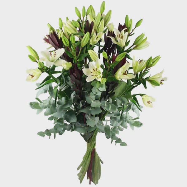 Bouquet of white lilies with green buds and eucalyptus