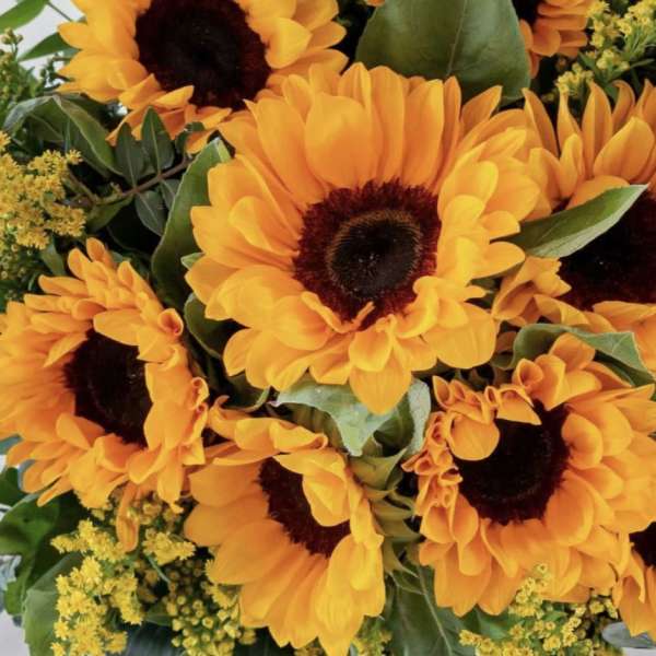 Bouquet of orange sunflowers with yellow filler flowers