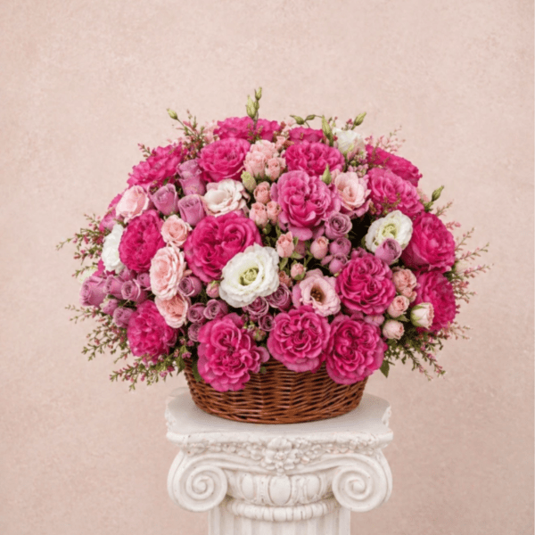 Basket of pink and white roses on a pedestal