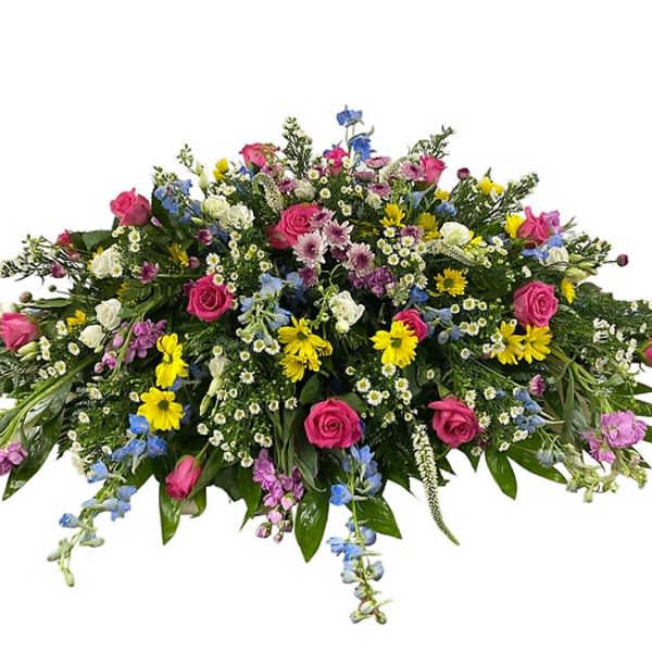 Large mixed floral spray with pink roses, yellow daisies, and blue accents