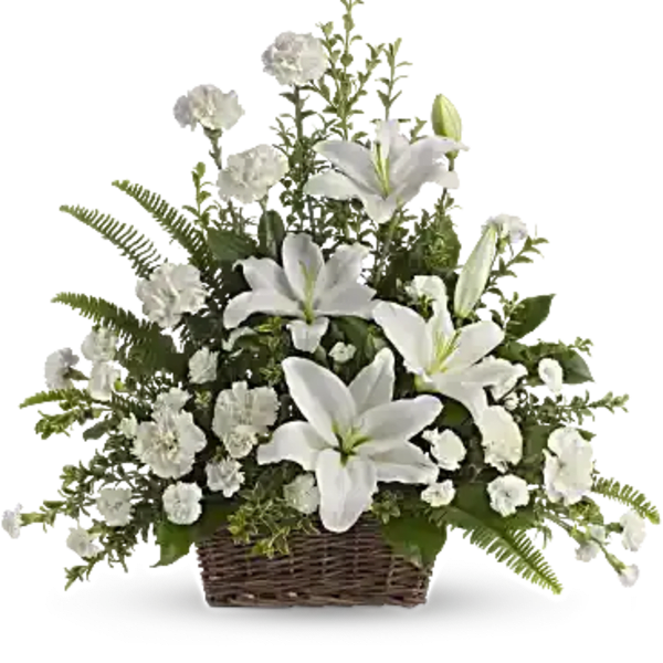 Basket arrangement of white lilies and white carnations