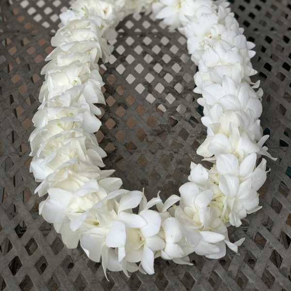 White flower lei arranged in a loop on a metal table