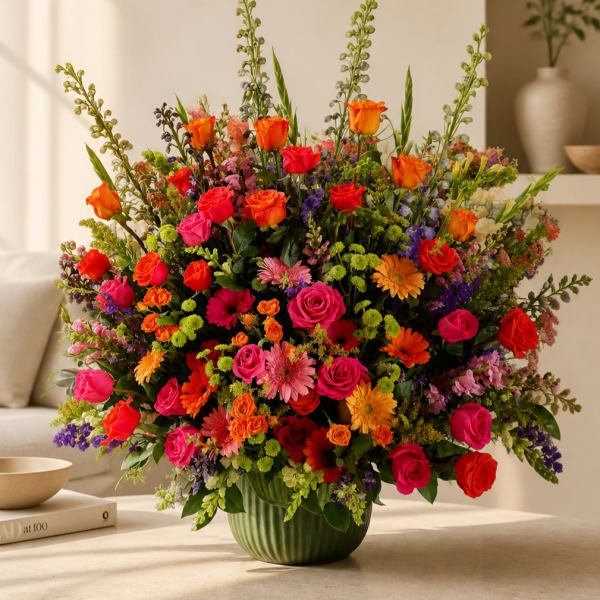 Large mixed bouquet of roses and daisies in a green vase