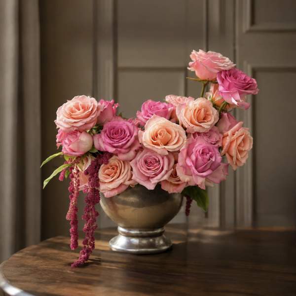 Pink and peach roses arranged in a silver vase