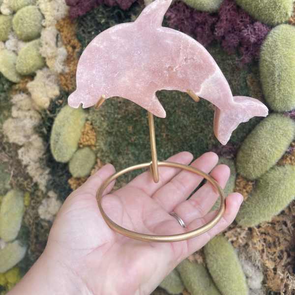 Hand holding a pink dolphin-shaped stone ornament on a gold ring stand