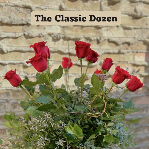 Dozen red roses with greenery against a stone wall