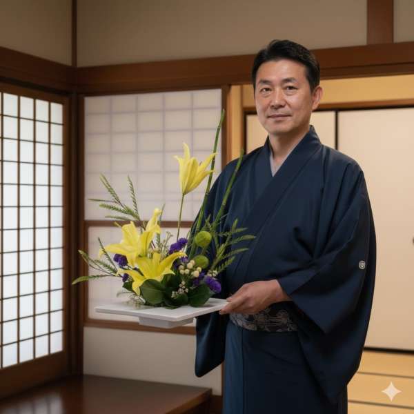 Man in a kimono holding a small floral arrangement on a tray