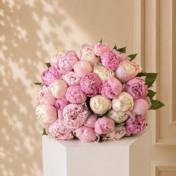 A bouquet of pink and white peonies on a white pedestal