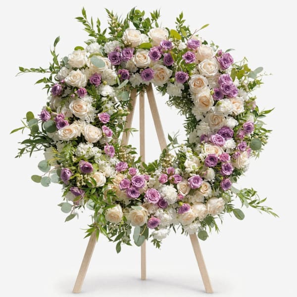Large floral wreath of white and lavender roses on a wooden stand