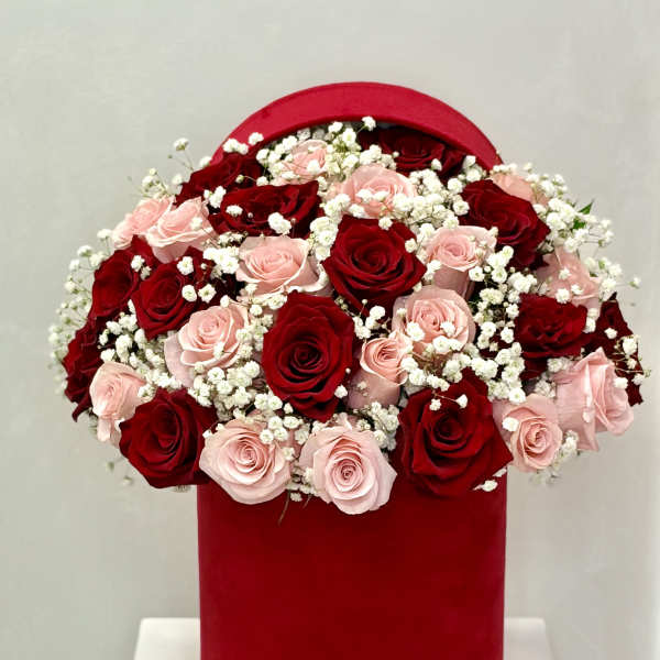 Red and blush roses arranged in a red hat box
