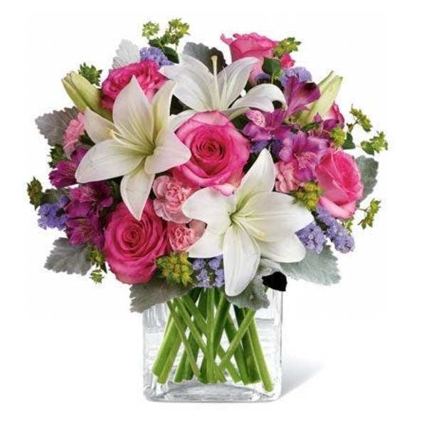 Pink Roses and lilies on vase